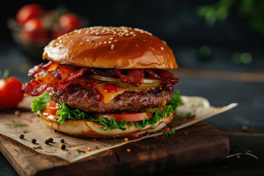 Large burger with bacon food hamburger vegetable.