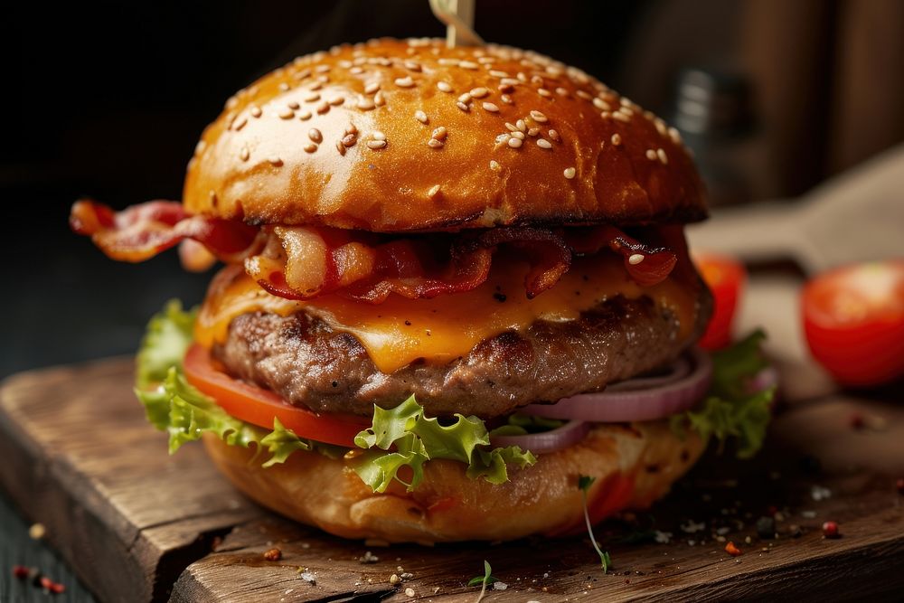 Large burger with bacon and cheese food hamburger vegetable.