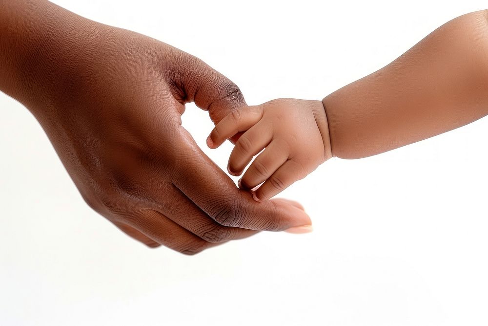 Black mother with baby hand white background togetherness touching.