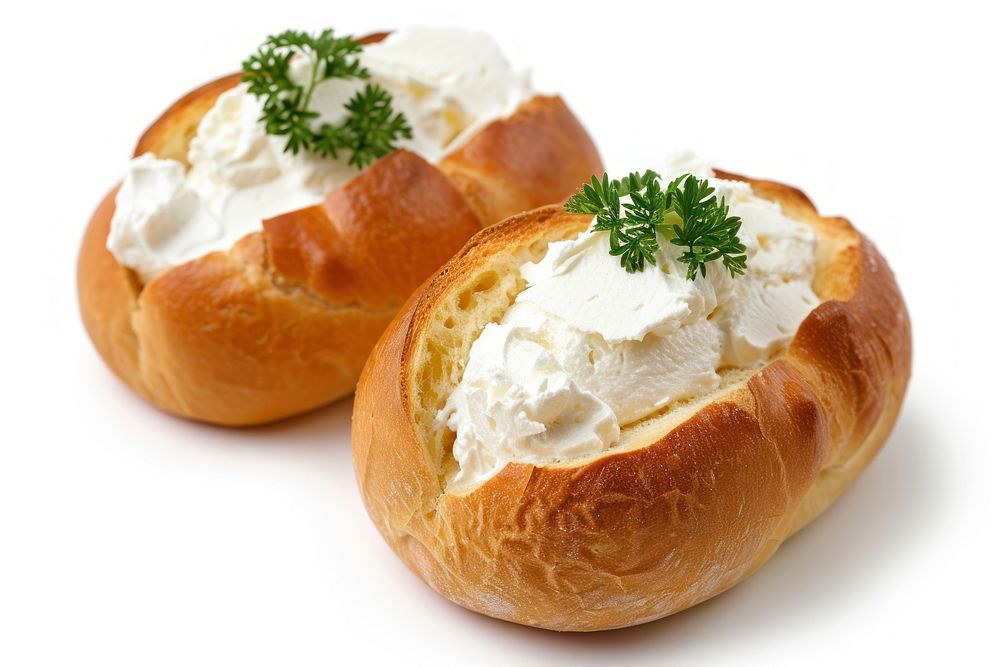Bread with cream food white background vegetable.