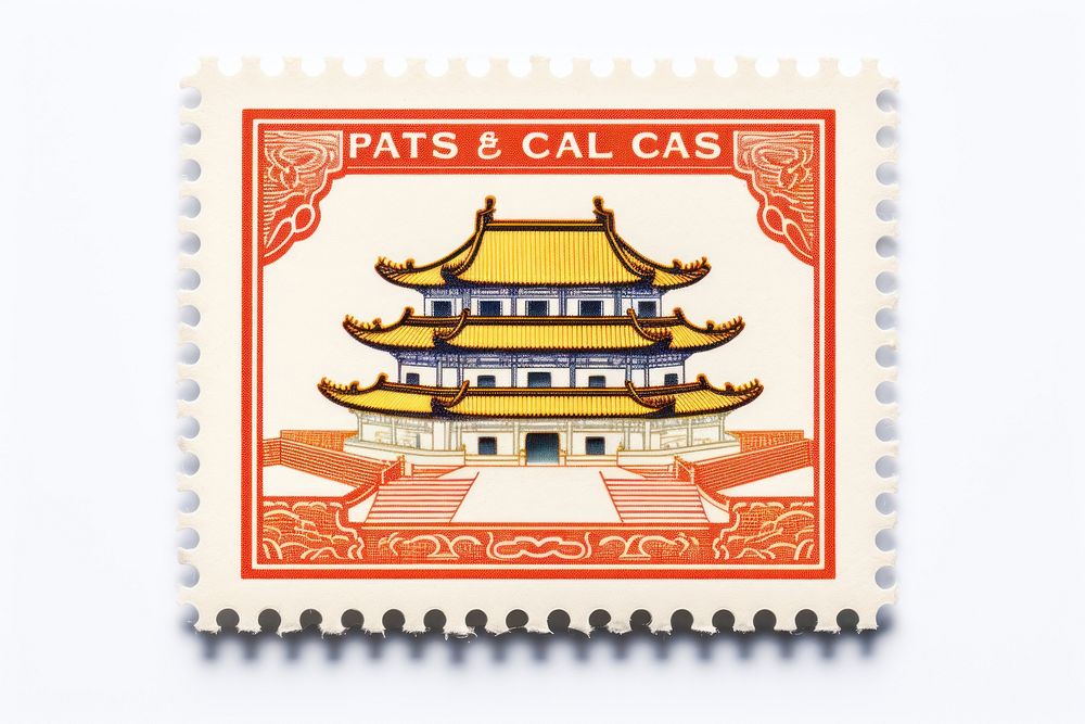 Chinese castle postage stamp architecture calligraphy.