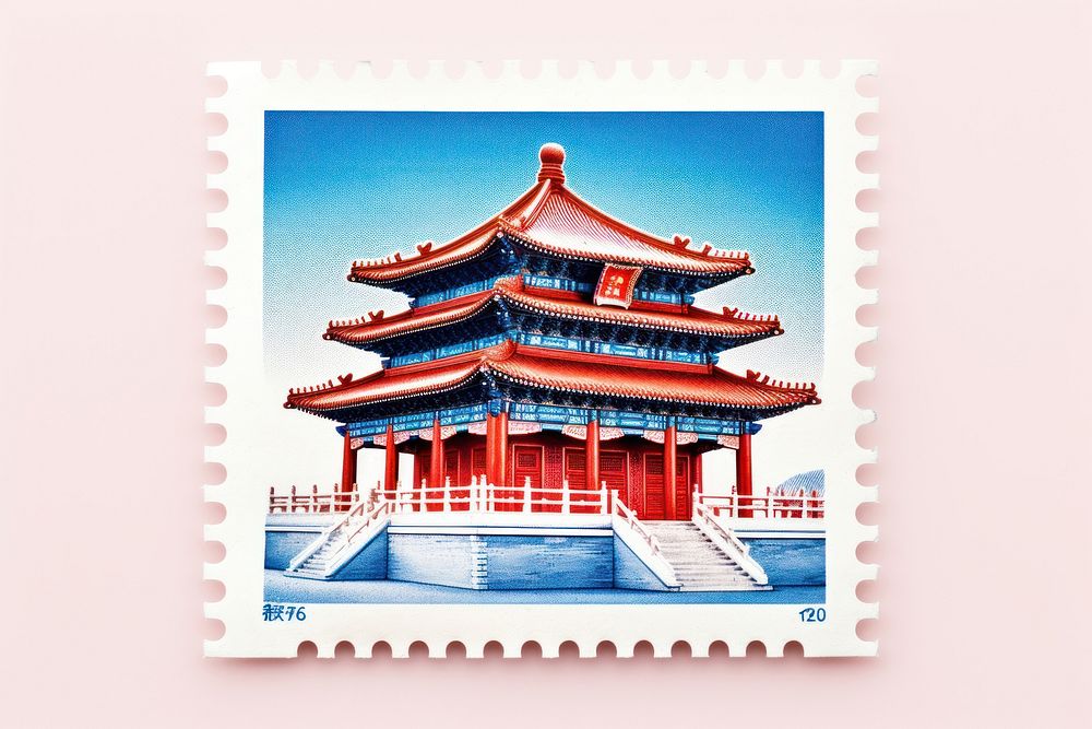 Chinese castle architecture postage stamp outdoors.