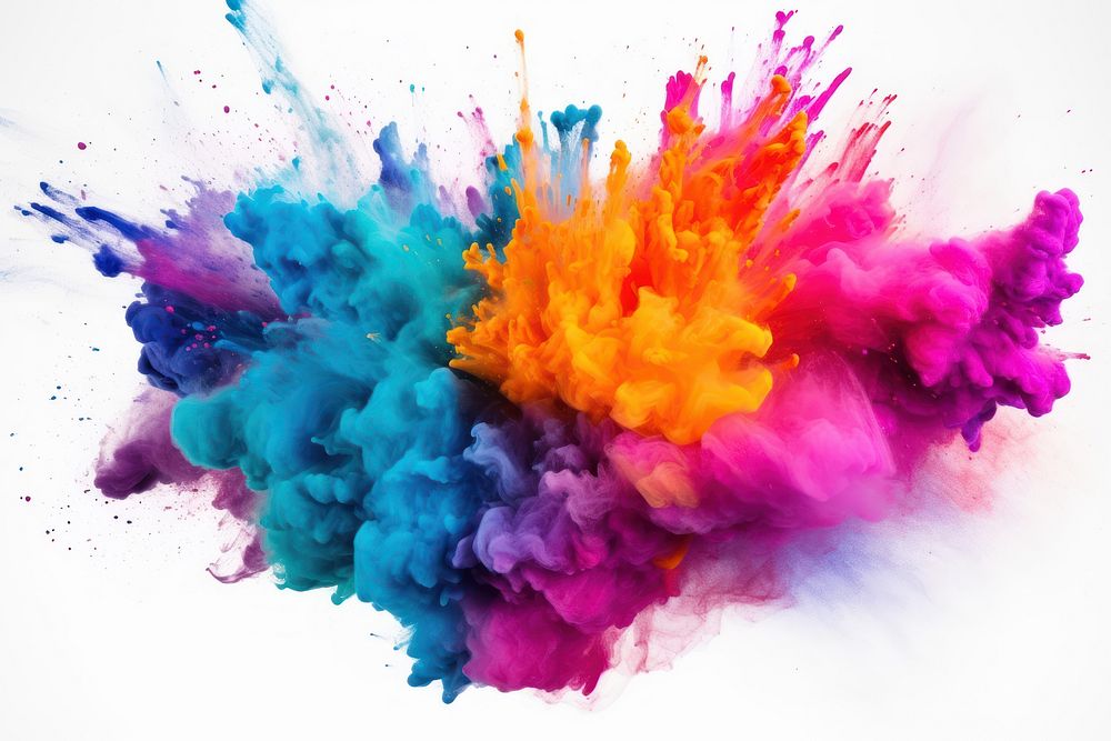 Explosion of full colored powder backgrounds purple white background.
