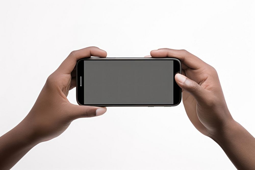 Hand holding horizontal mobile phone adult photo white background.