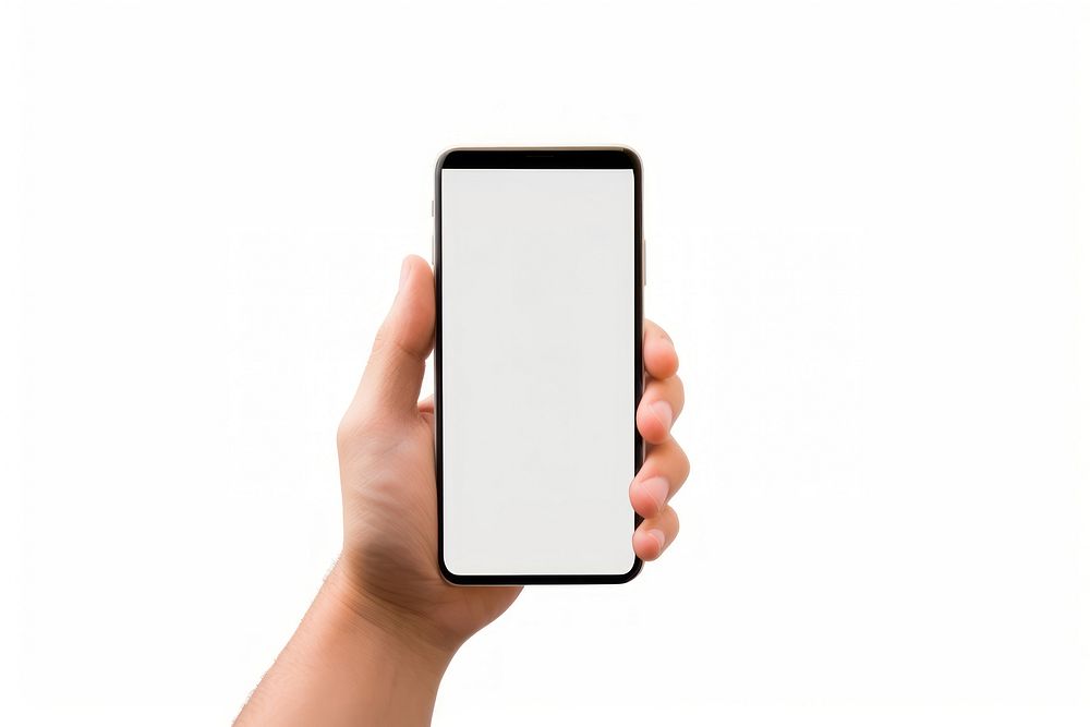 Hand holding horizontal mobile phone white background photographing portability.