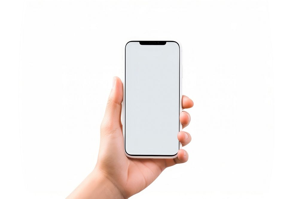 Hand holding smart phone white background portability electronics.