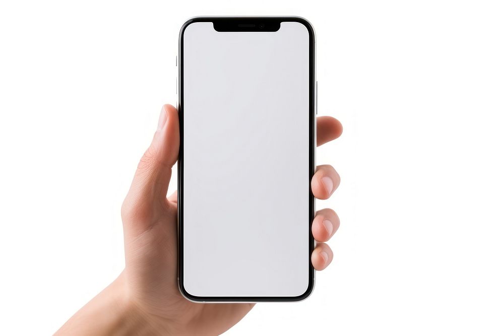 Hand holding smart phone Horizontal rotate white background photographing portability.