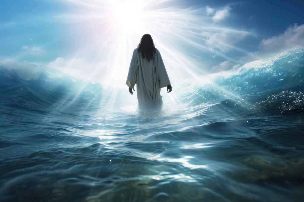 Photo of jesus walking through ocean surface sky sunlight outdoors.