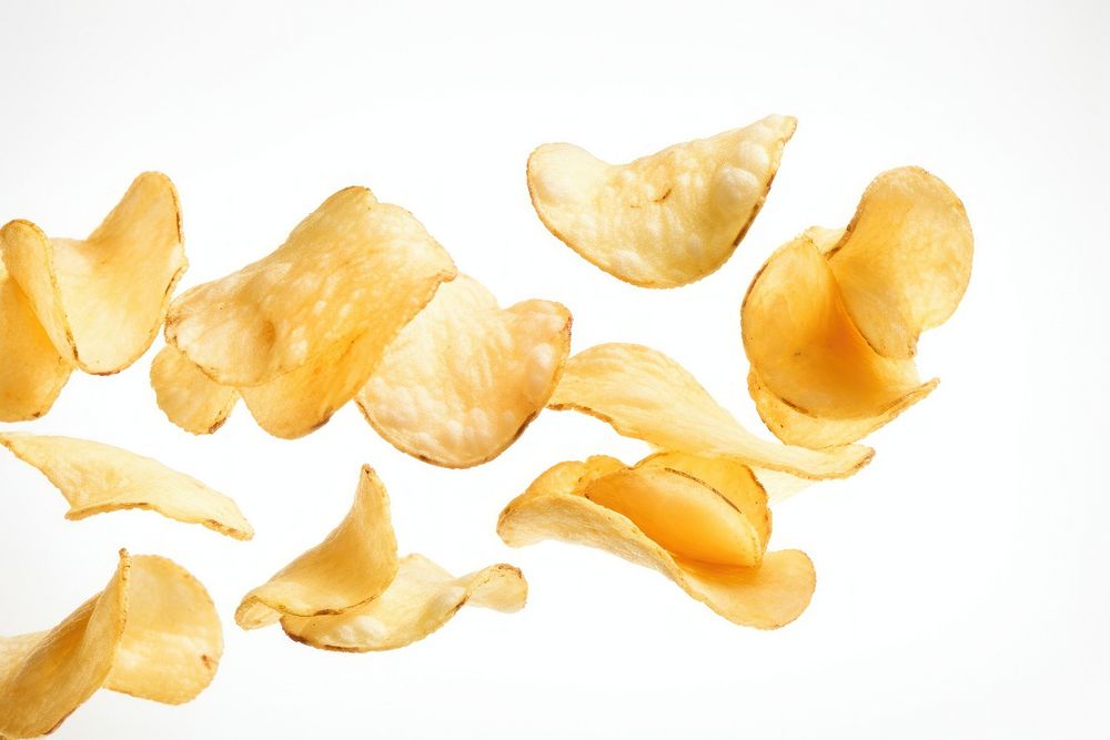 Potato chips snack food white background.