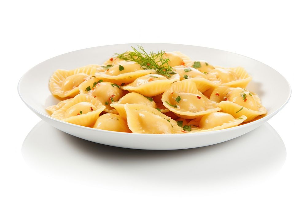 Plate of ravioli pasta plate food white background.