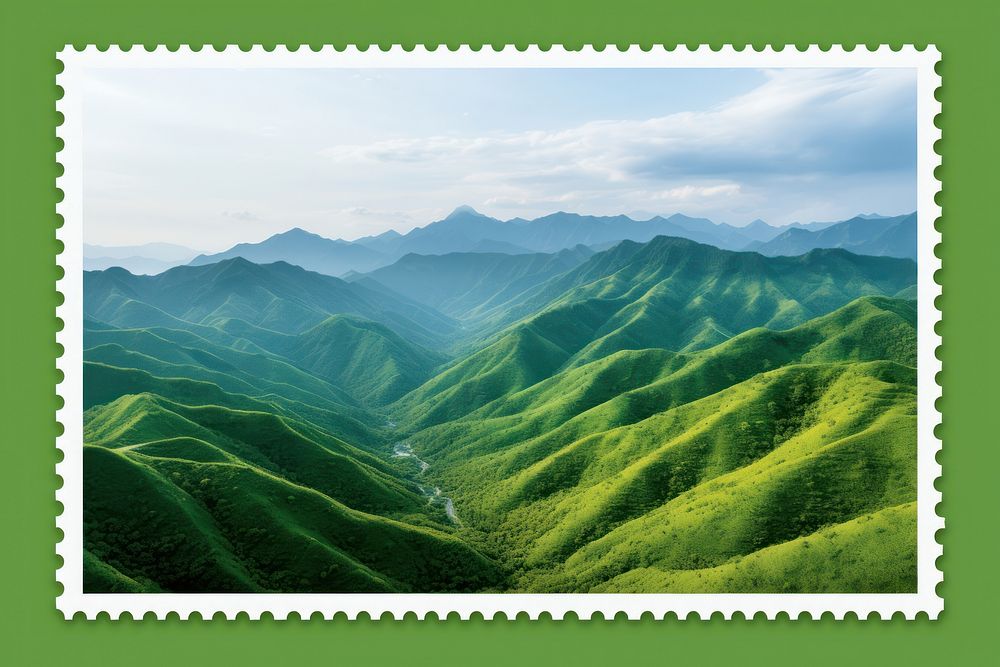 Serene green hills against mountain outdoors nature postage stamp.