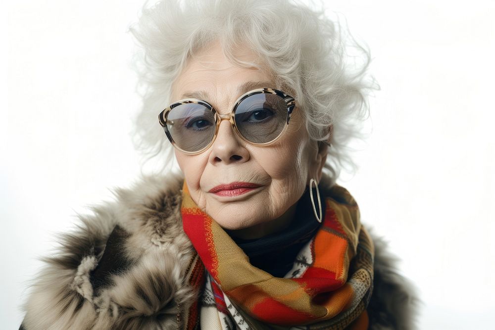 Senior old woman with fashionable portrait sunglasses scarf.