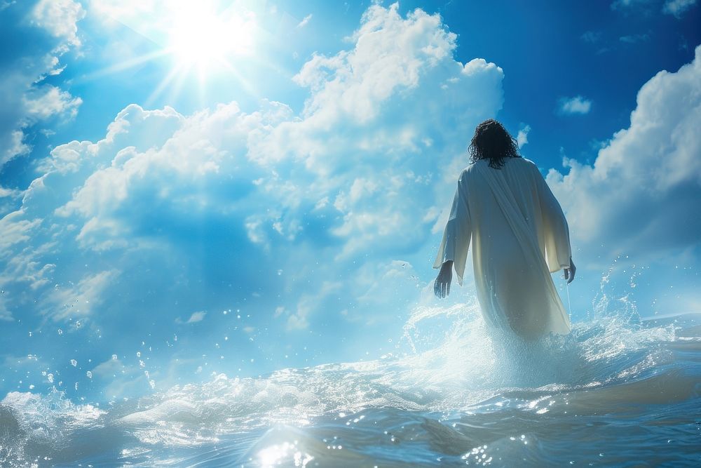 Photo of jesus walking through ocean surface sky sunlight outdoors.