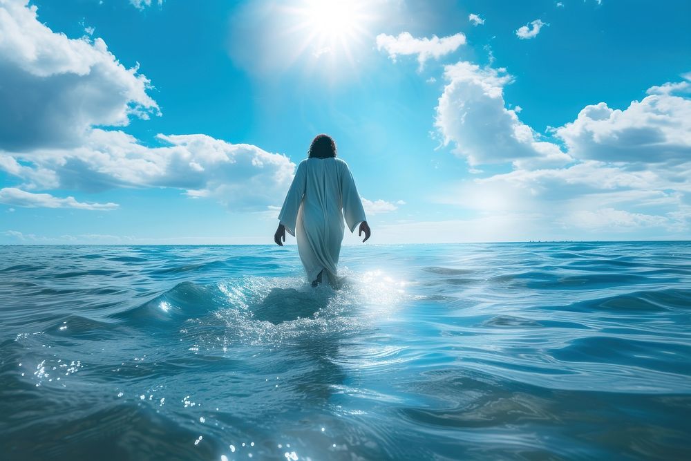 Photo of jesus walking through ocean surface sky outdoors horizon.