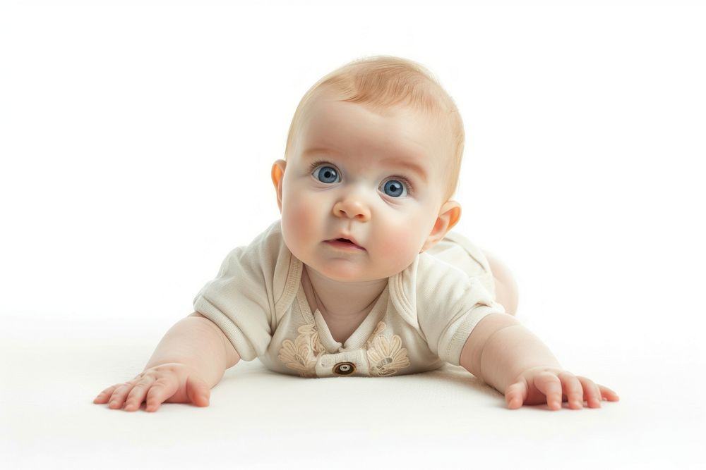 Infant baby lying looking at camera crawling portrait photo.