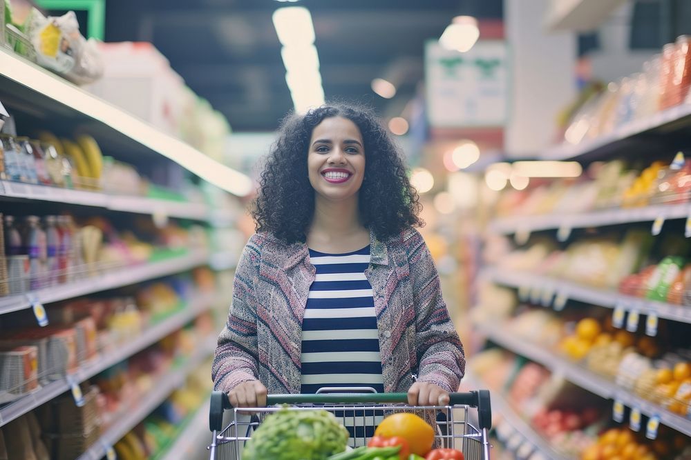 Woman is standing in aisle of market with shopping cart smiling adult consumerism.