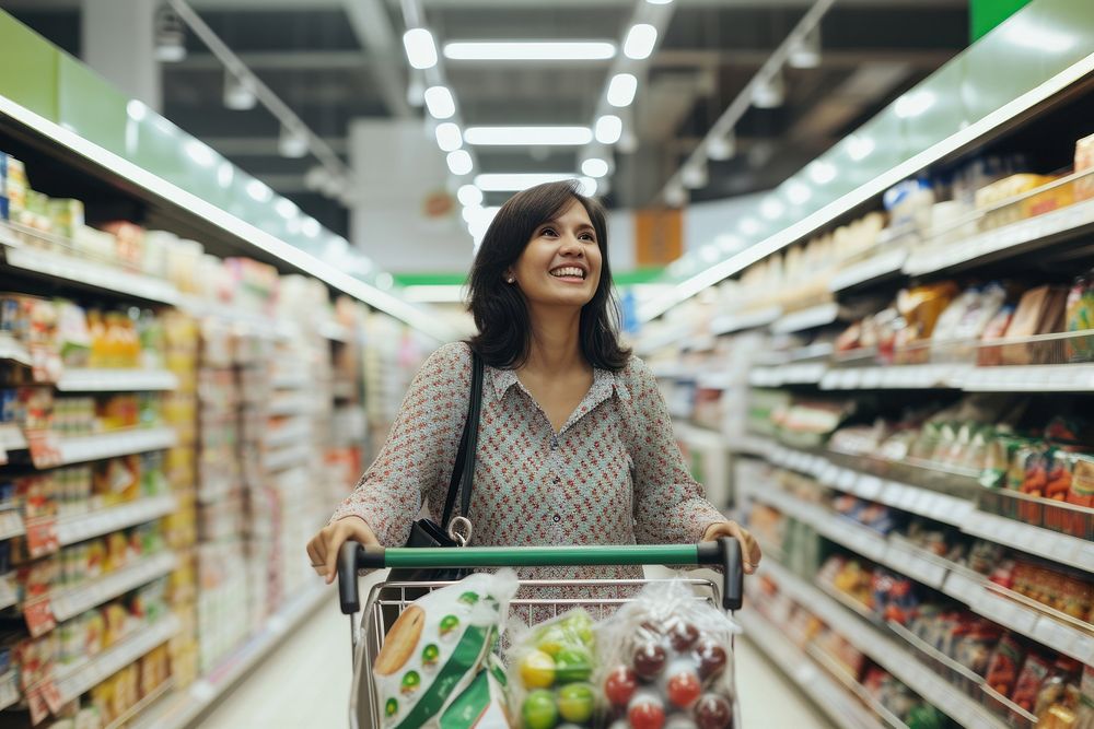 Woman is standing in aisle of market with shopping cart supermarket smiling adult.