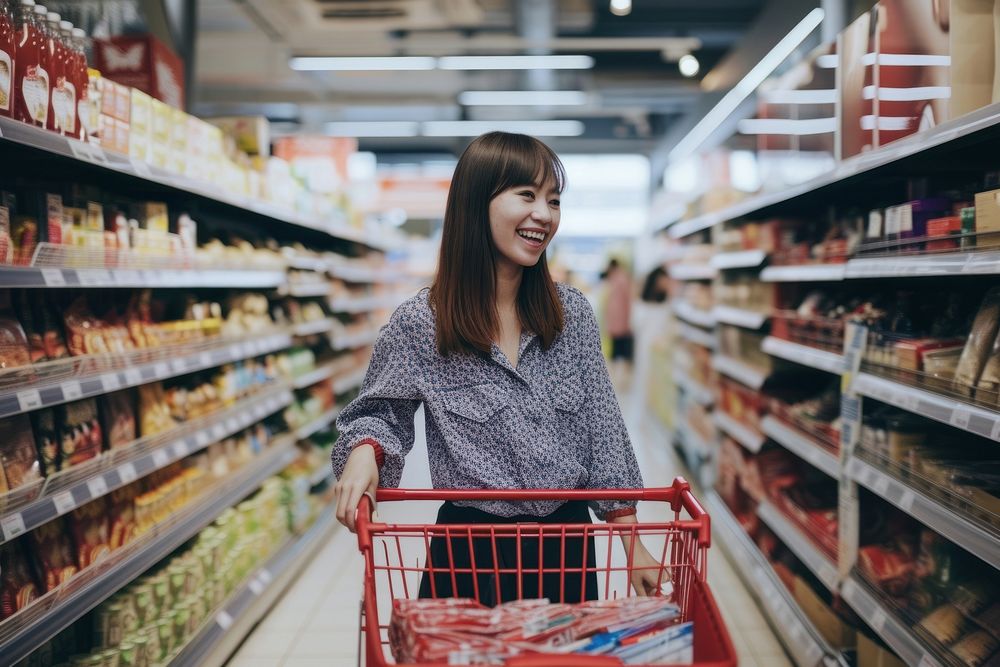 Woman is standing in aisle of market with shopping cart smiling adult supermarket.
