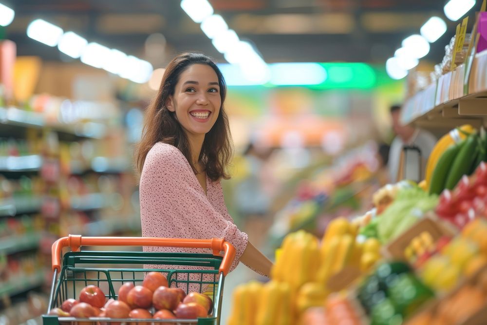 Woman is standing in aisle of market with shopping cart supermarket smiling adult.