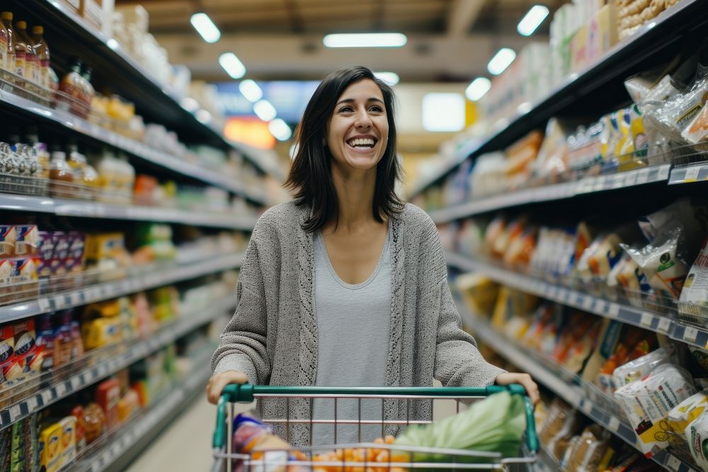 Woman is standing in aisle of market with shopping cart smiling adult consumerism.