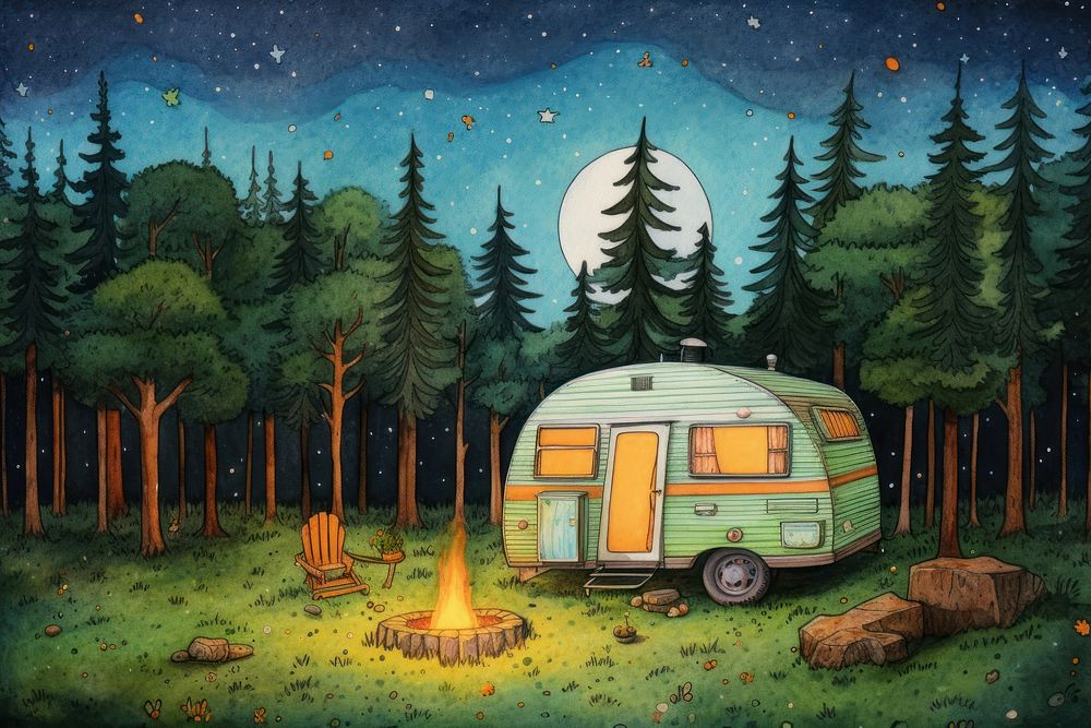 Night camping outdoors vehicle forest.
