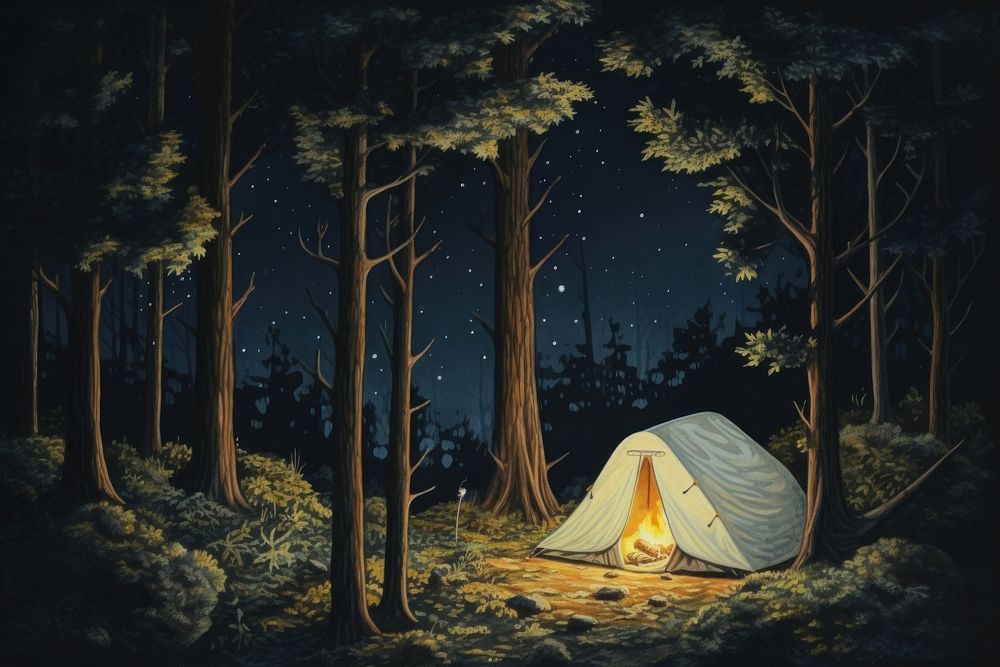 Night camping outdoors tent constellation.