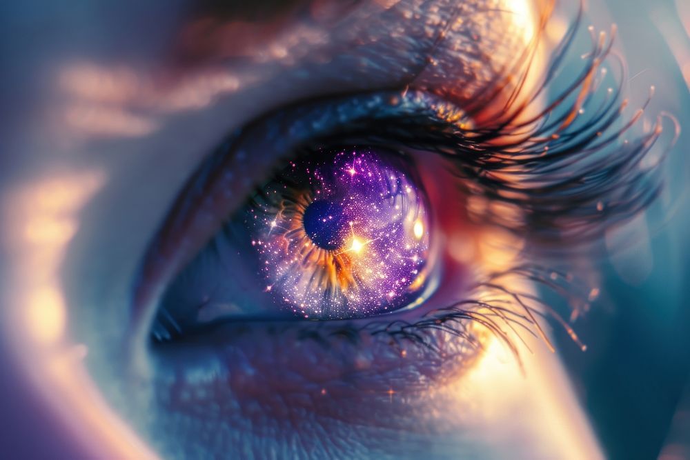 Purple galaxy reflecting in a women eye portrait universe eyelash.