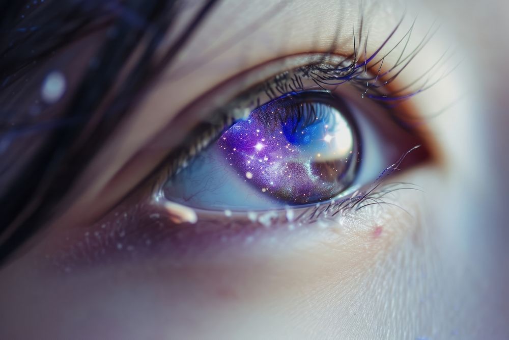 Purple galaxy reflecting in a women eye astronomy headshot portrait.