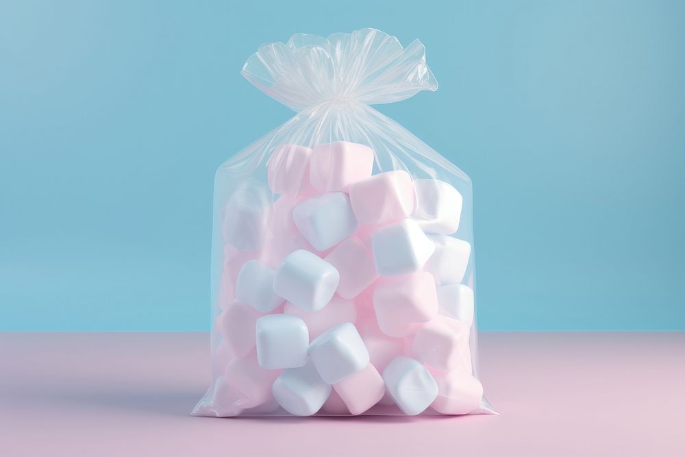 Marshmallow in plastic bag confectionery pill medication.