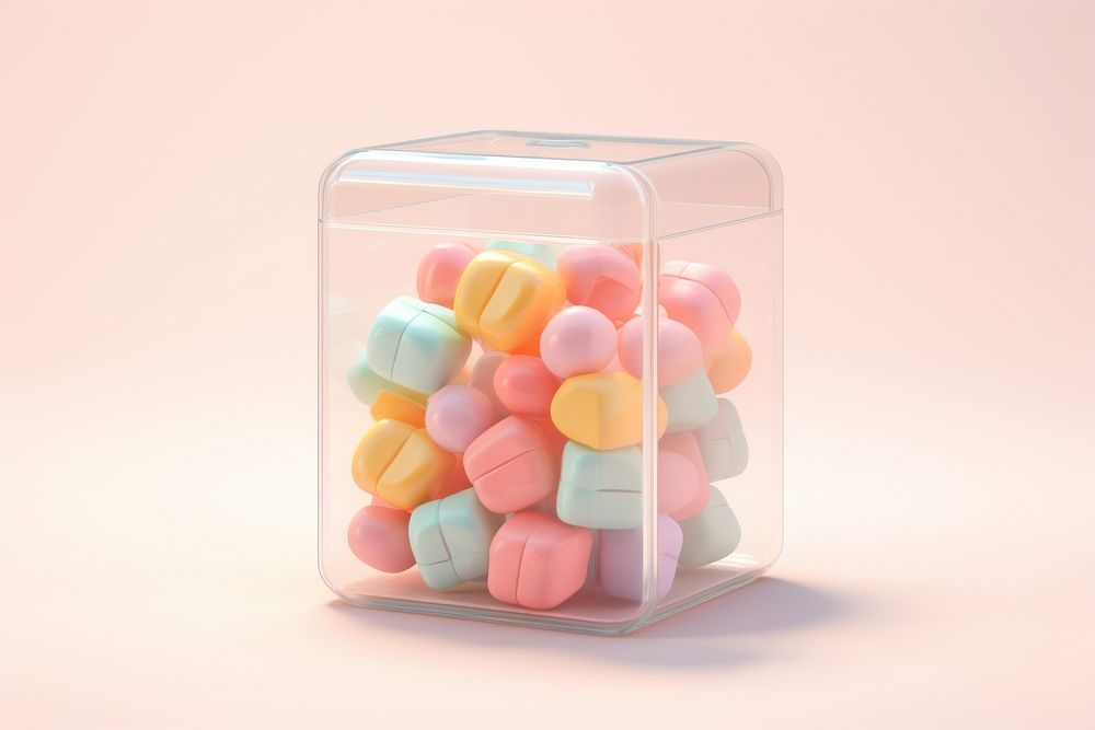 Candy in transparent box packaging confectionery pill food.