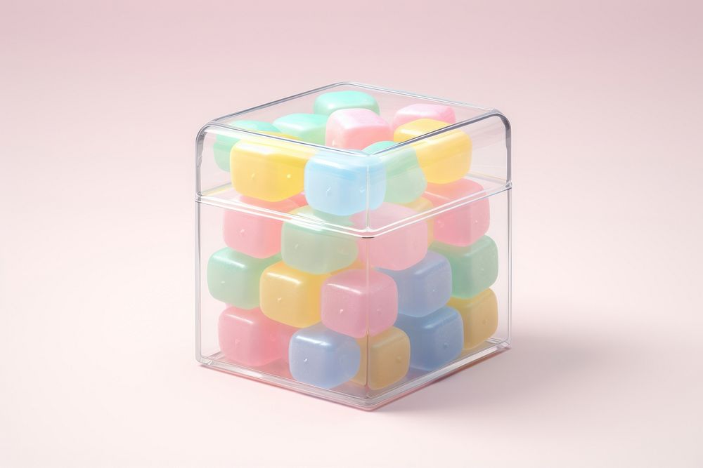 Candy in transparent box packaging pill confectionery medication.