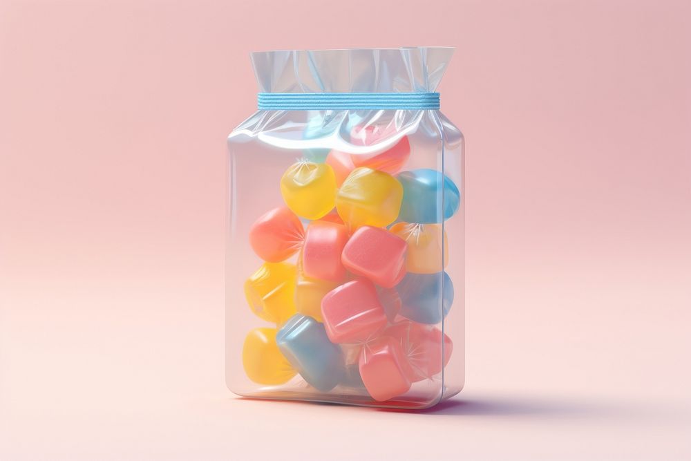 Candy in transparent packaging confectionery food jar.