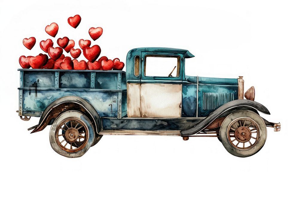 Vintage car watercolor vehicle truck heart.