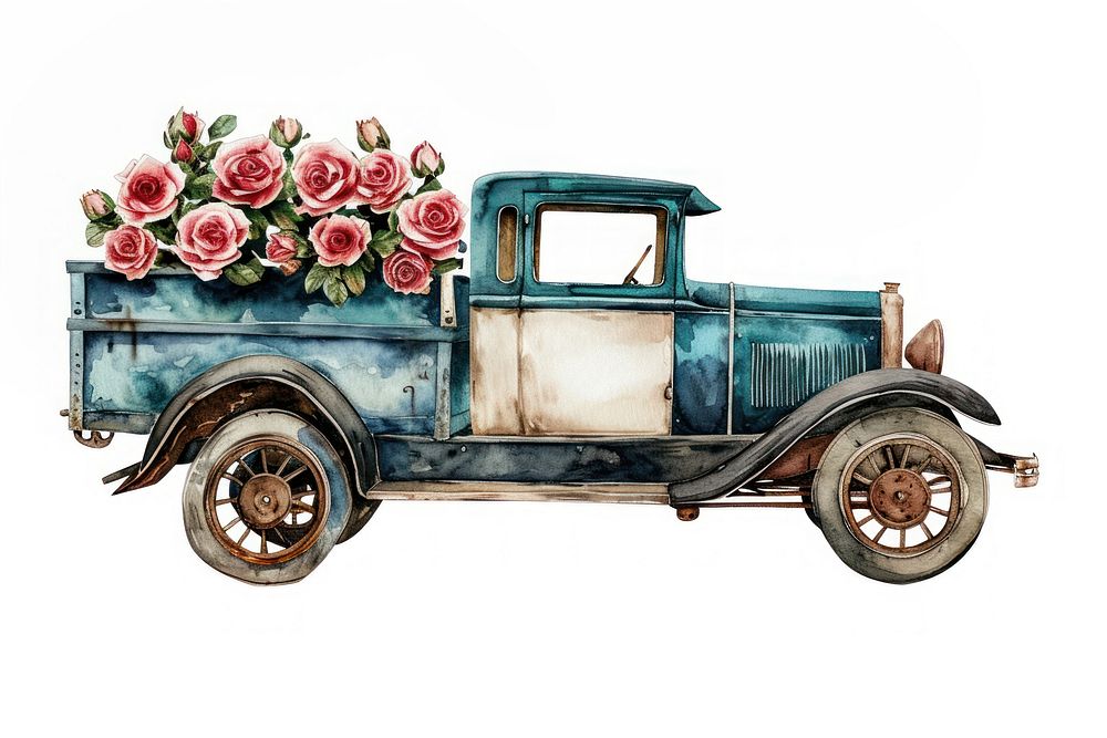 Vintage car watercolor rose vehicle flower.