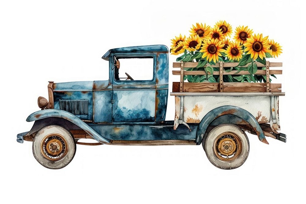 Vintage car watercolor sunflower vehicle truck.