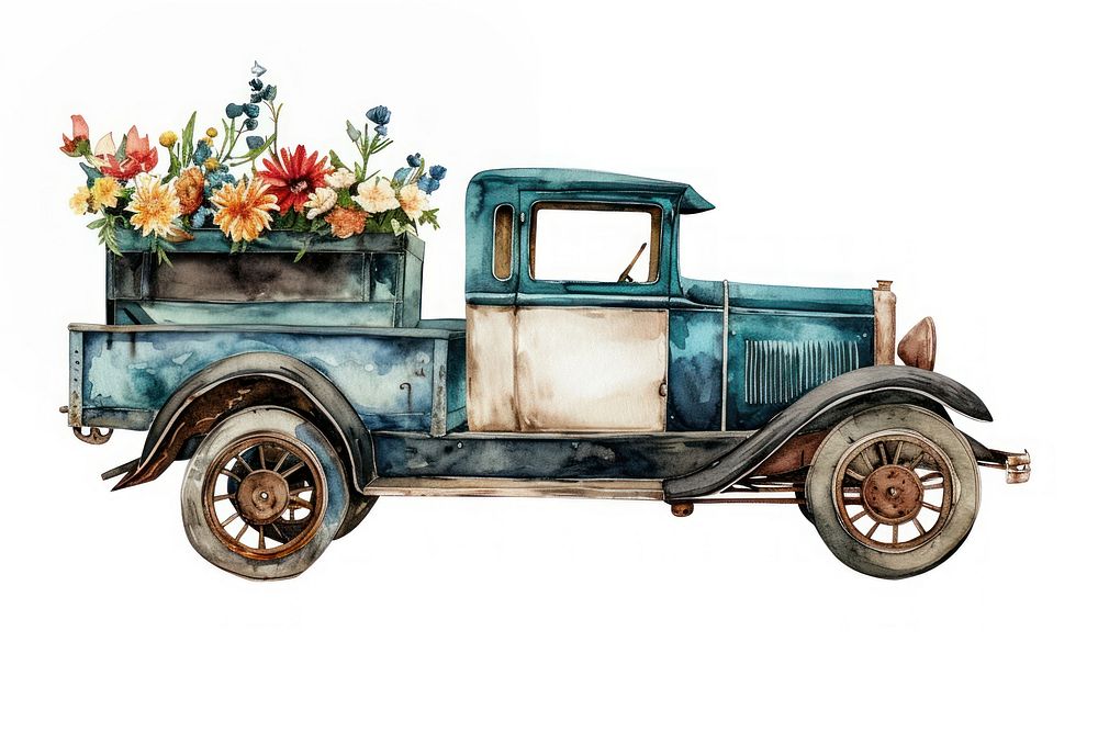 Vintage car watercolor flower vehicle truck.