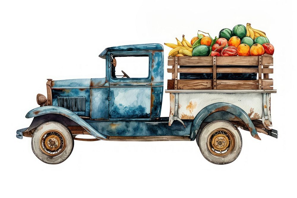 Vintage car watercolor fruit vehicle truck.
