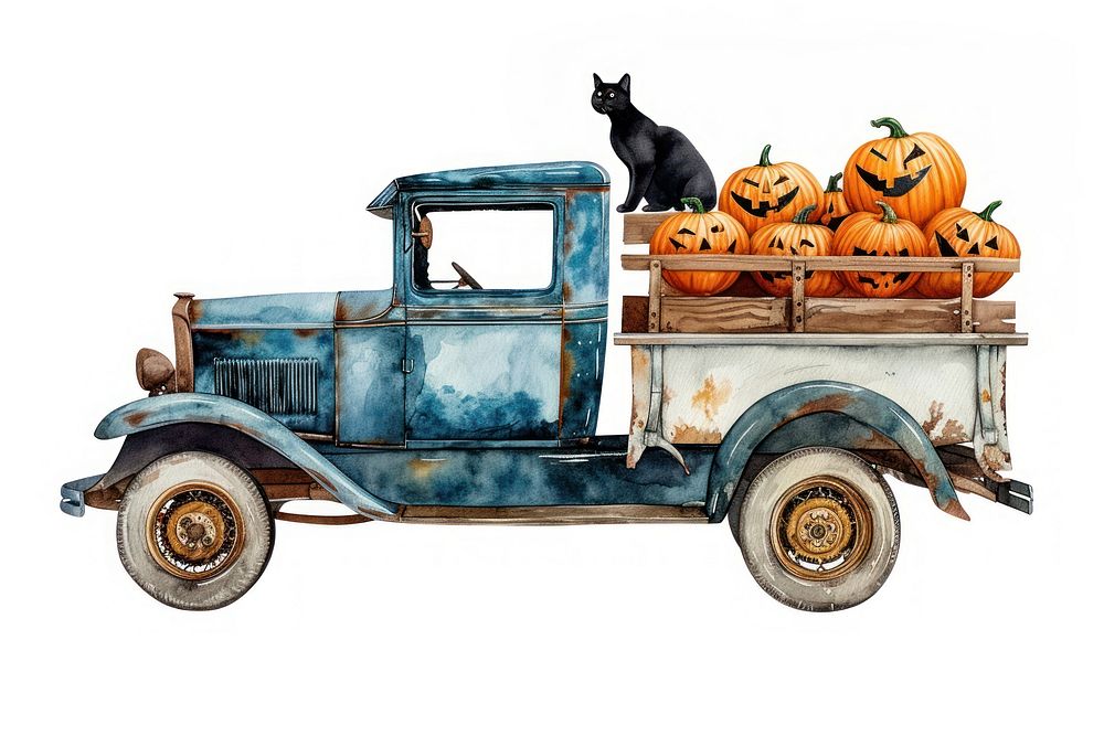 Vintage car watercolor pumpkin vegetable halloween.