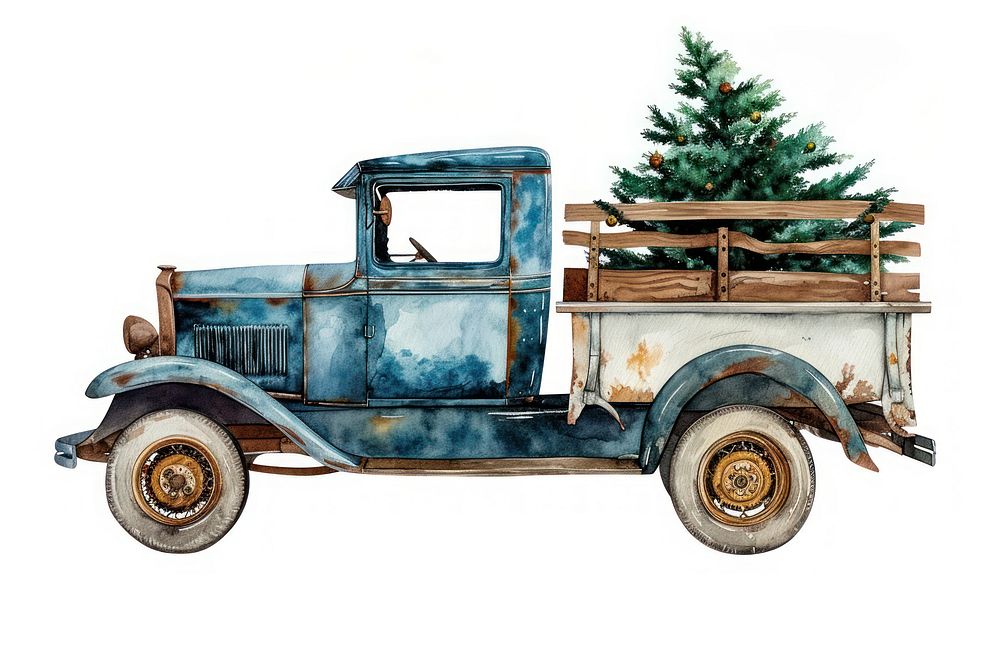 Vintage car watercolor tree vehicle truck.