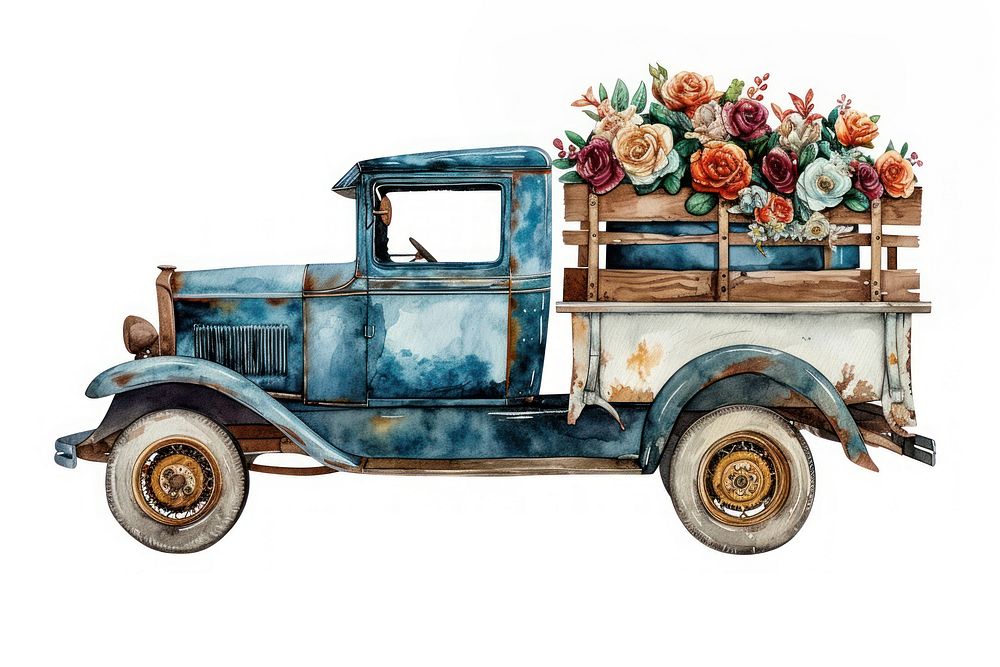 Vintage car watercolor vehicle flower truck.