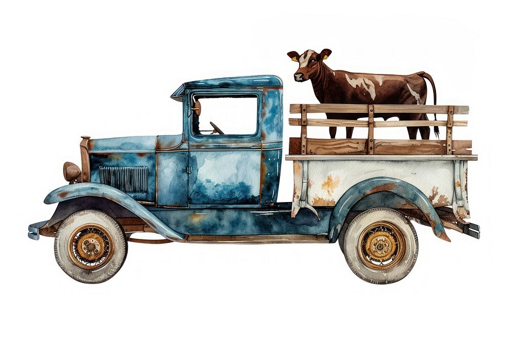 Vintage car watercolor livestock vehicle mammal.