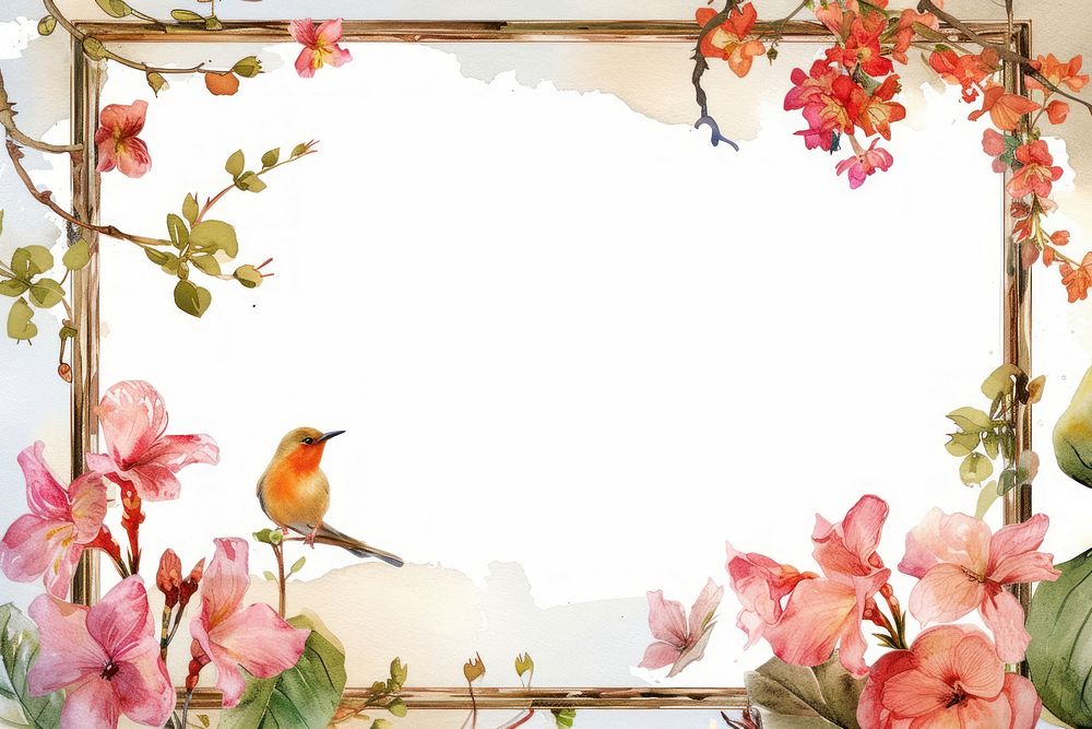 Illustration of vintage picture frame flower plant bird.