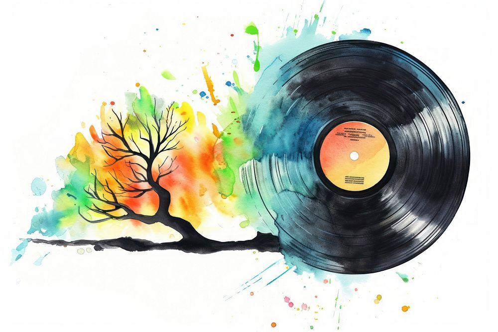 Illustration of vintage vinyl record painting tree art.