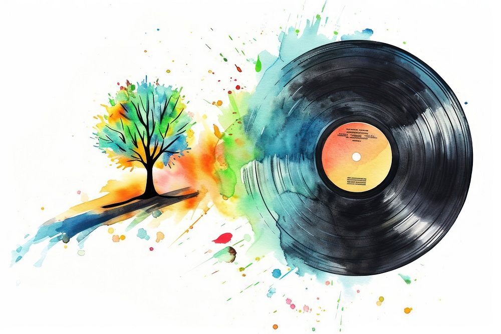 Illustration of vintage vinyl record painting art gramophone.