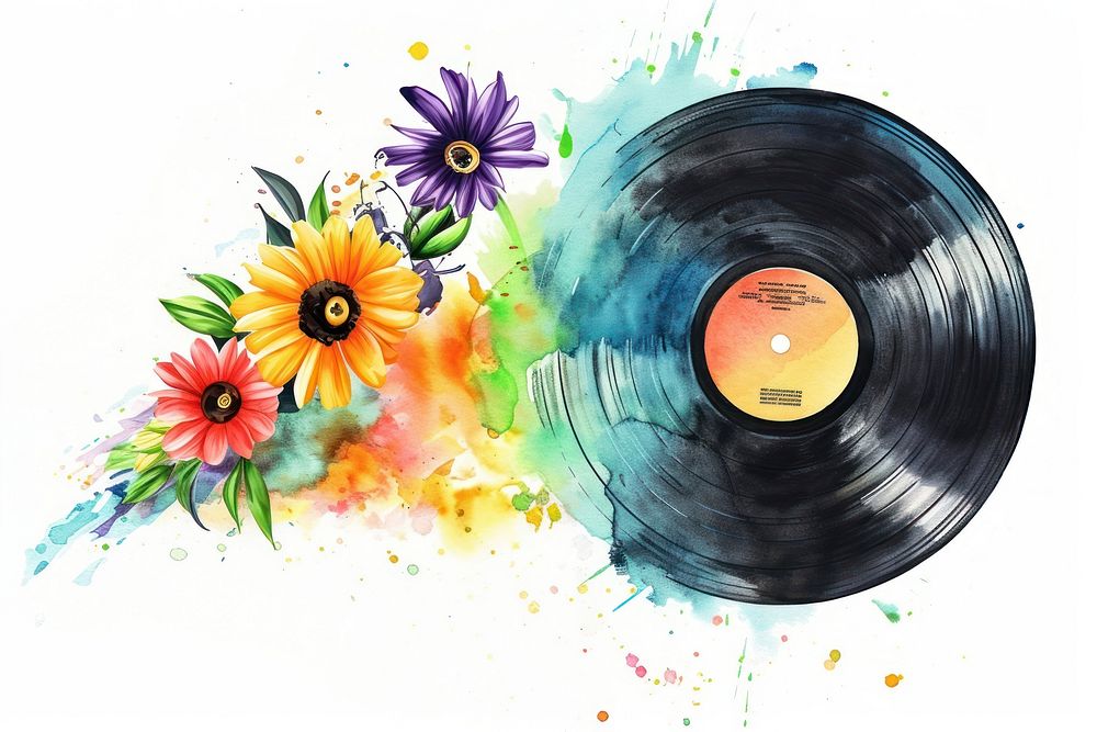 Illustration of vintage vinyl record flower painting plant.