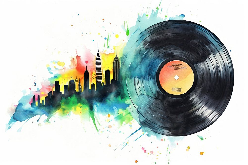 Illustration of vintage vinyl record painting art gramophone.
