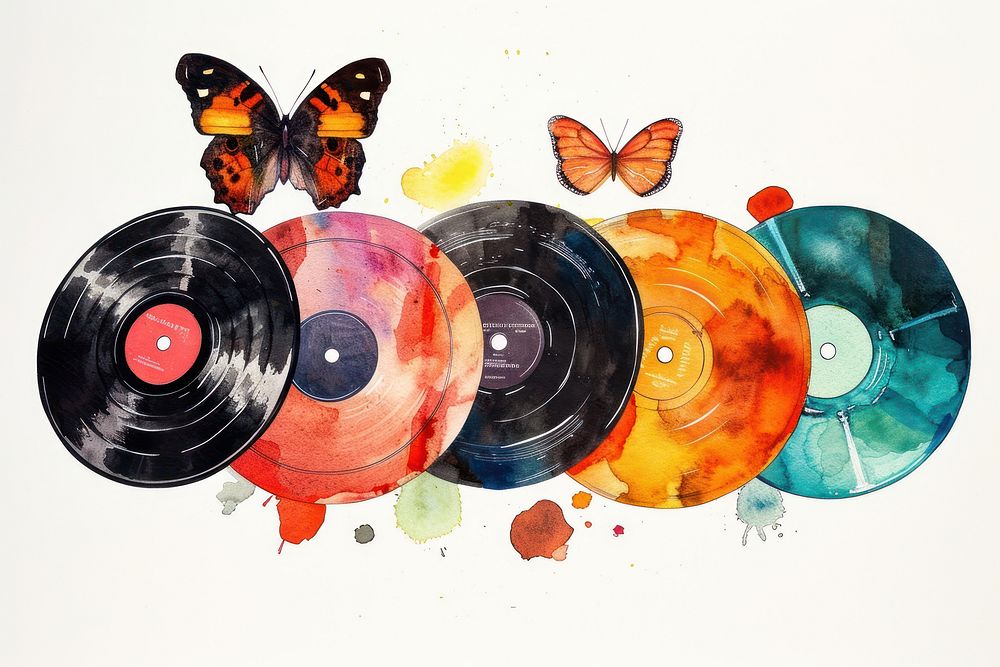 Illustration of vintage vinyl records butterfly art creativity.