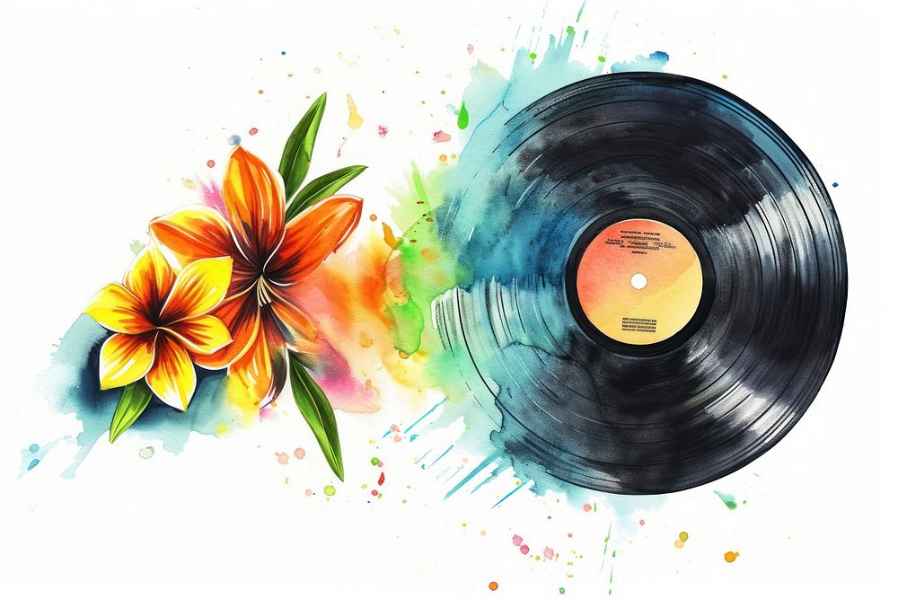 Illustration of vintage vinyl record flower painting plant.