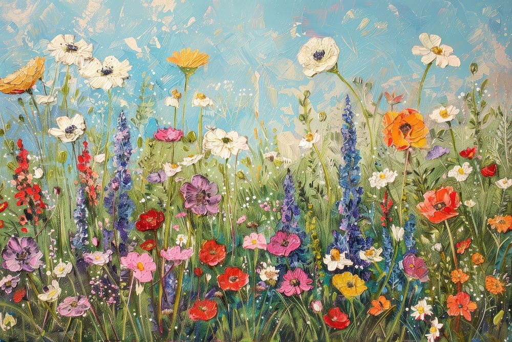 Wild flower field nature painting outdoors.