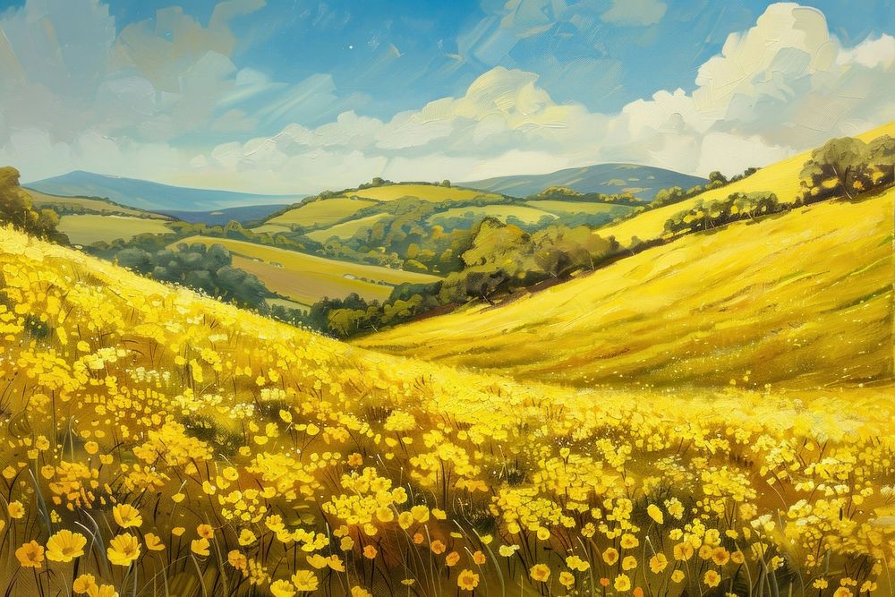 Yellow flower fields landscape grassland outdoors.